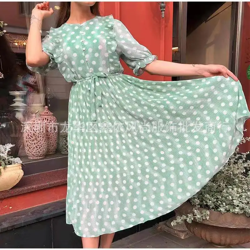

Dresses for Women 2023 Summer New Casual Fashion Simple Printing Wave Dot Pressed Pleated Small Fresh Mid Length Chiffon Dress