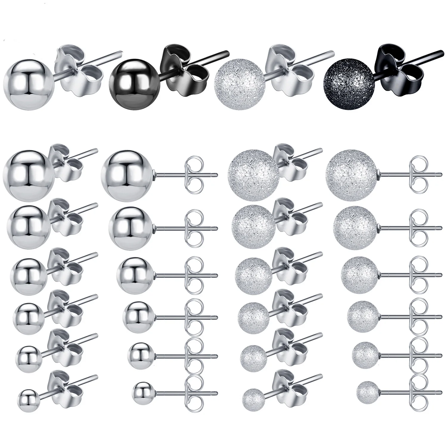 

1 Pair 3-8MM Glossy Frosted Ball Stainless Steel Stud Earring Set Black Silver Color Ear Helix Conch Piercing Earrings