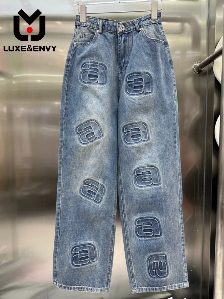 

LUXE&ENVY 2023 New Spring/Summer Embossed Letter Jeans Fashion Blogger Loose Fit Trendy Denim Pants Women Fashion New