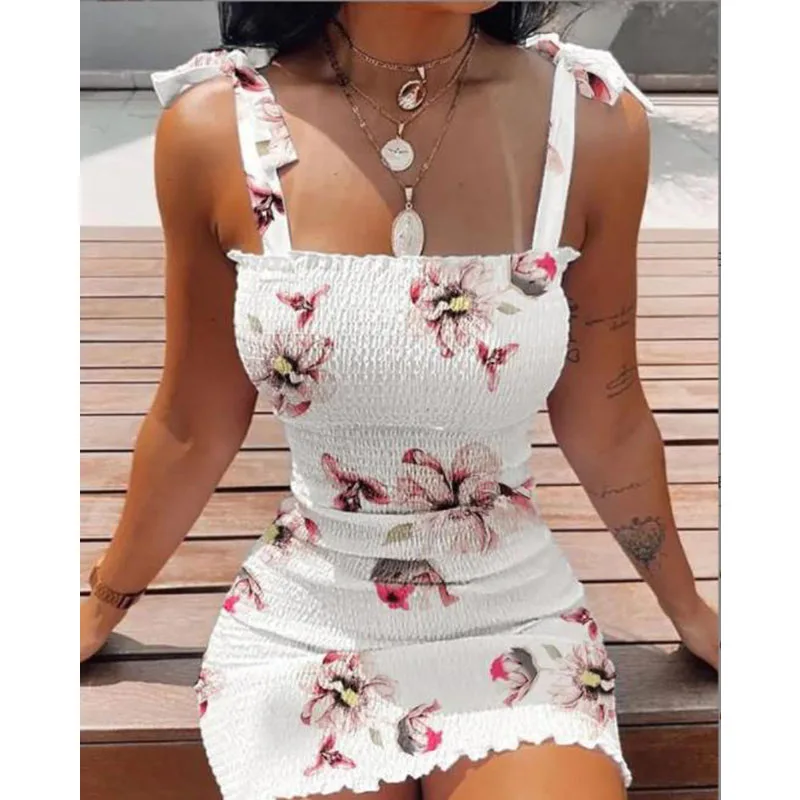 

2023 Summer Sexy Spaghetti Strap Bandage Slash Neck Women Mini Package Hip Dress Fashion Print Casual Bodycon Elegant Lady Dress