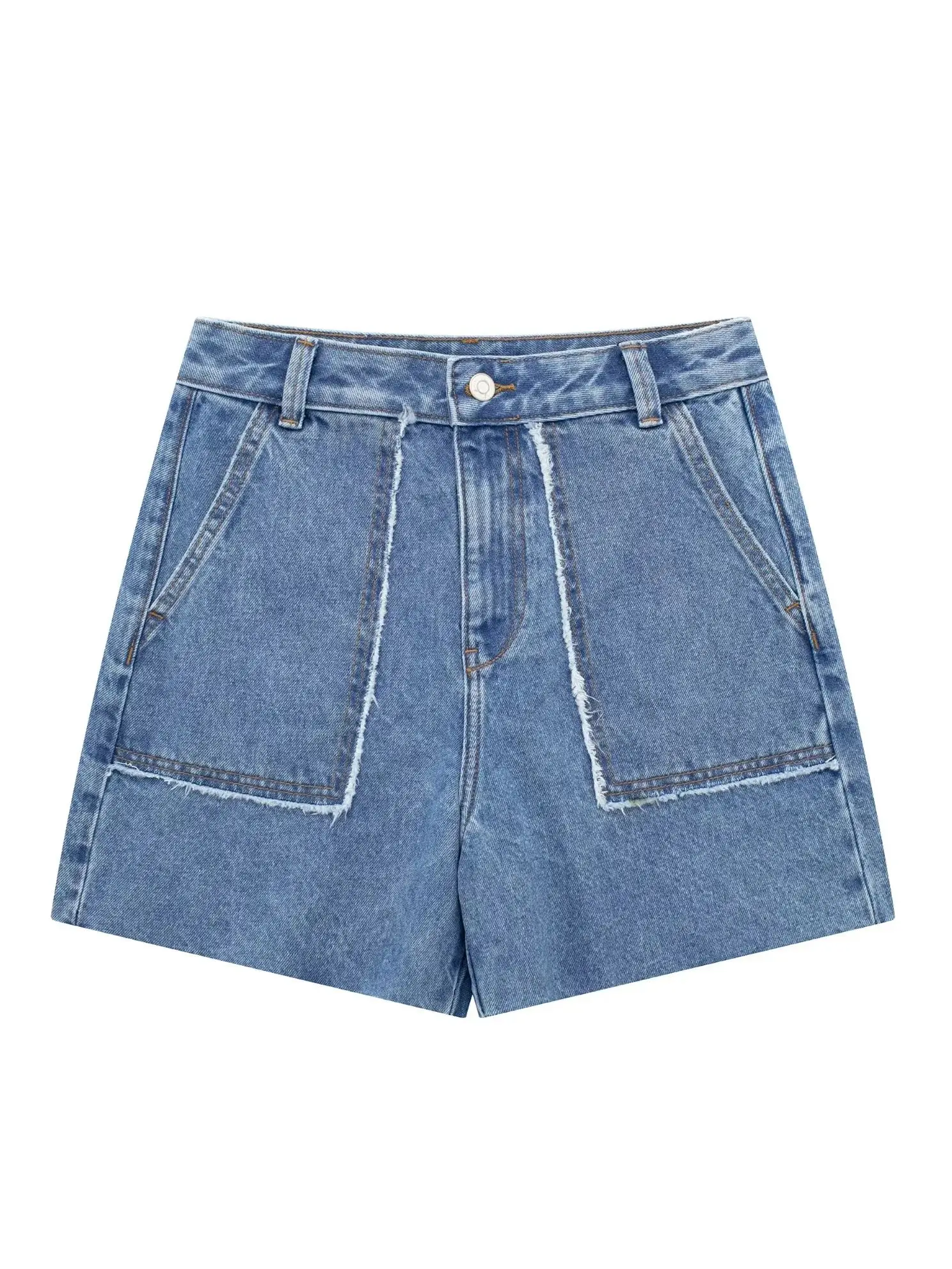 Summer Women's Blue Big Pocket Tassel Edge High Waist Zipper Metal Button Design Straight Leg Denim Shorts Casual Style