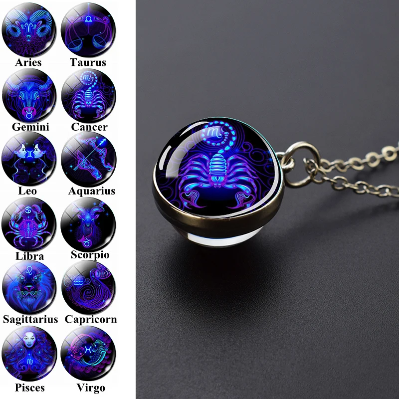 12 Zodiac Signs Pendant Necklace Double Side Glass Ball Necklace Men Women Fashion Constellation Jewelry Birthday Gift