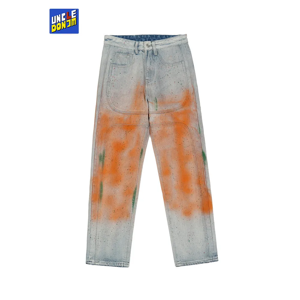 

Мужские потертые джинсы UNCLEDONJM с принтом в виде брызг и чернил, уличные прямые брюки-карго, мужские джинсы с рисунком фото