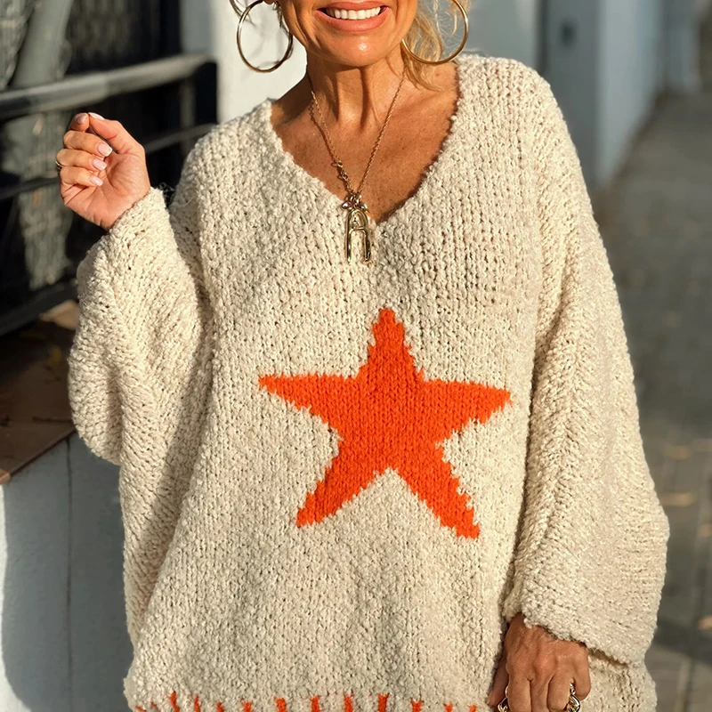 Женский вязаный пуловер с V-образным вырезом