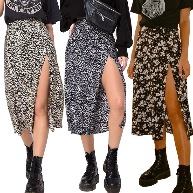 

Flower Leopard Print High Waist Stretch Split Long A Line Skirt Evening Prom Women Elegantes Extreme Sexy Micro Skirt Fashion