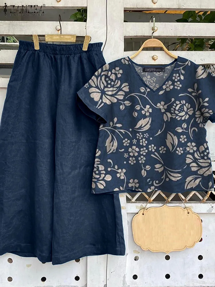 Костюм спортивный ZANZEA женский летний из блузки с коротким рукавом и широких брюк