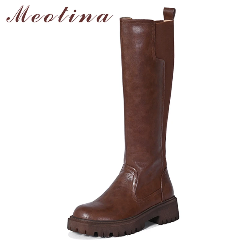 

Meotina Women Genuine Leather Knee High Riding Boots Round Toe Block Mid Heel Zipper Lady Fashion Long Boot Autumn Winter Shoes