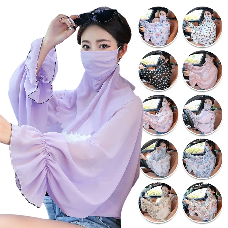 

2 Piece Sunscreen Suit Summer Chiffon Cape Breathable Face Sun Protection Mask Veil Ladies Beach Cycling Driving Sunscreen Shawl