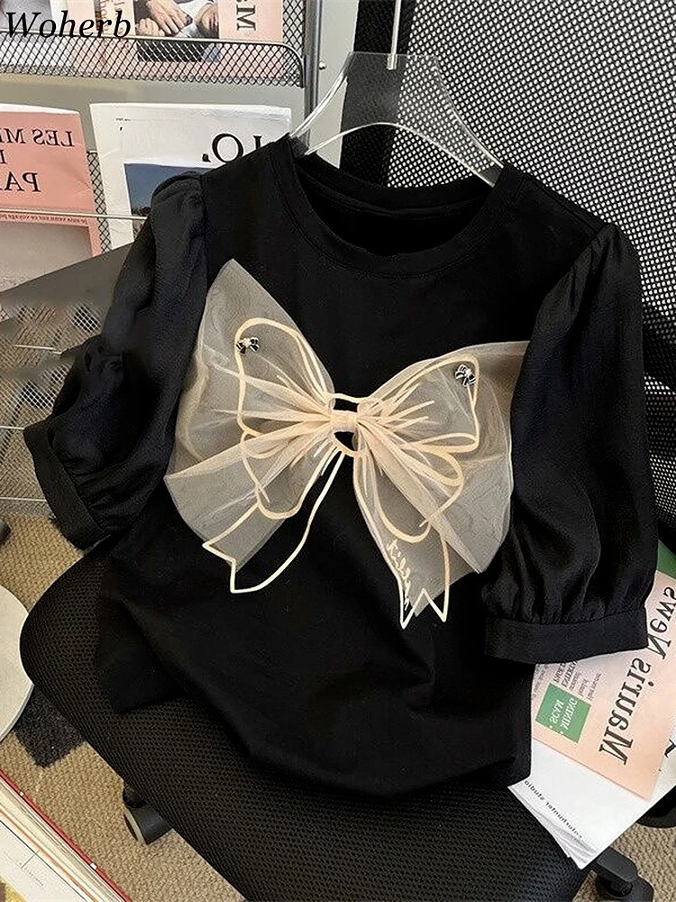 Woherb летняя черная футболка Женская сетчатая Лоскутная с бантом 2022 корейские