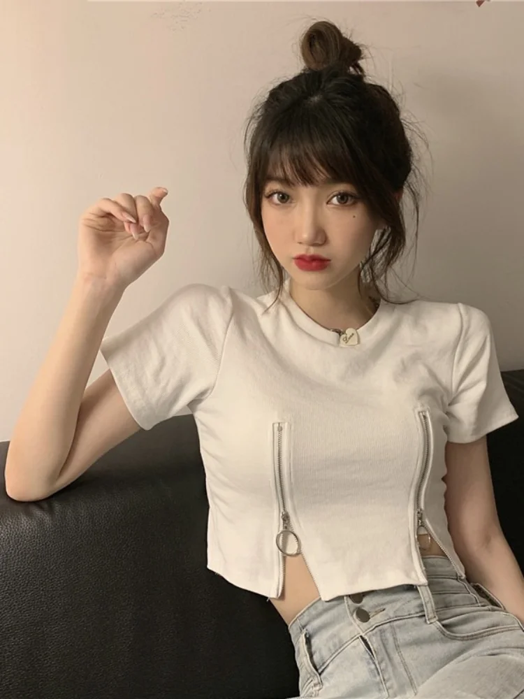 

Футболка женская с коротким рукавом, на молнии, с круглым вырезом