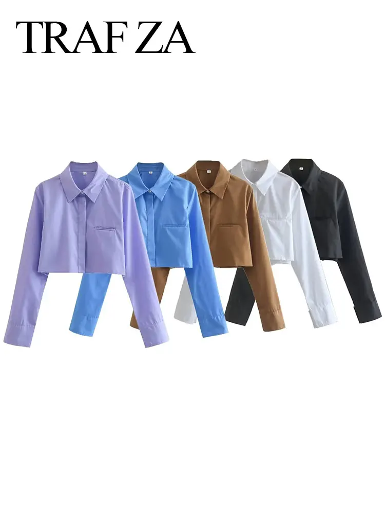 

Женская укороченная блузка с отворотами, длинным рукавом и пуговицами