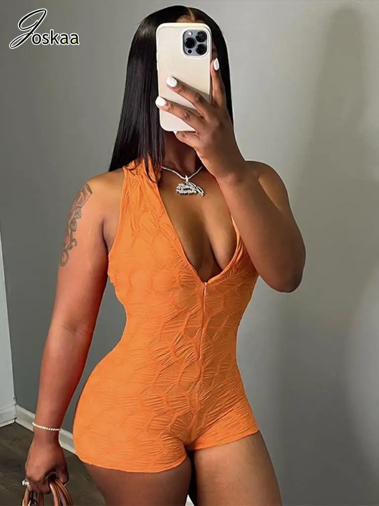 

Joskaa Casual Street Playsuits Women Hipster Zipper V-Neck Sleeveless One Piece Rompers Summer 2023 Fashion Overalls Sportswear