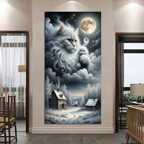 Алмазная живопись "Лунный кот, снежный дом", полный набор
