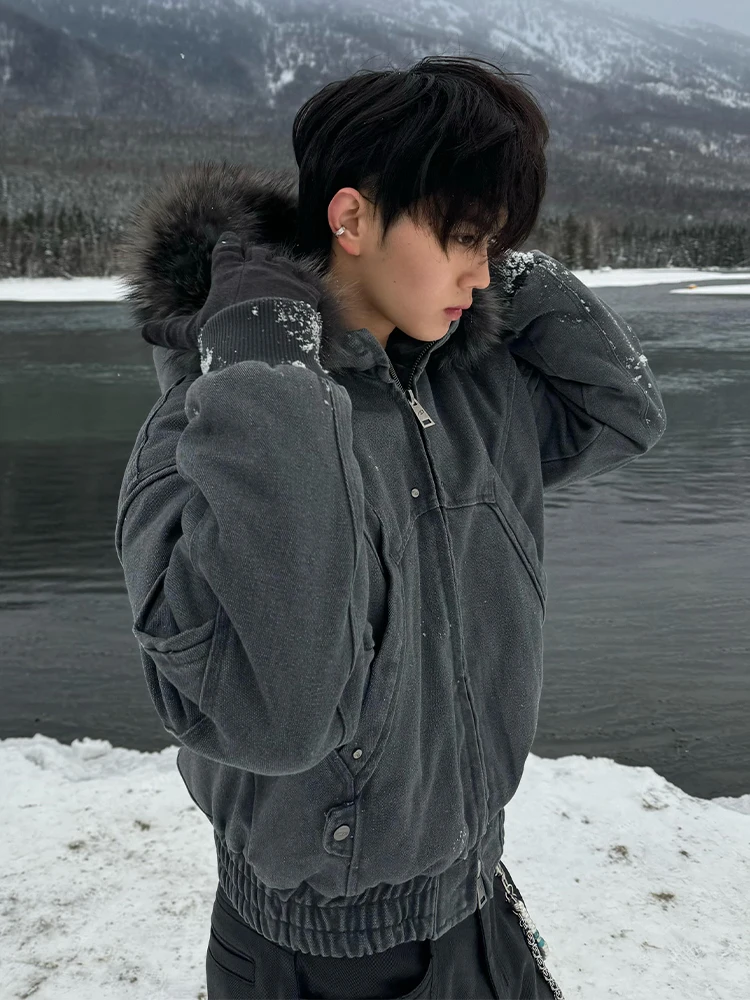 Black Catsstac Mountain Carving Second Generation Fleece-lined Cotton-Padded Coat Outerwear Men's Winter Thickened Warm Fur C...