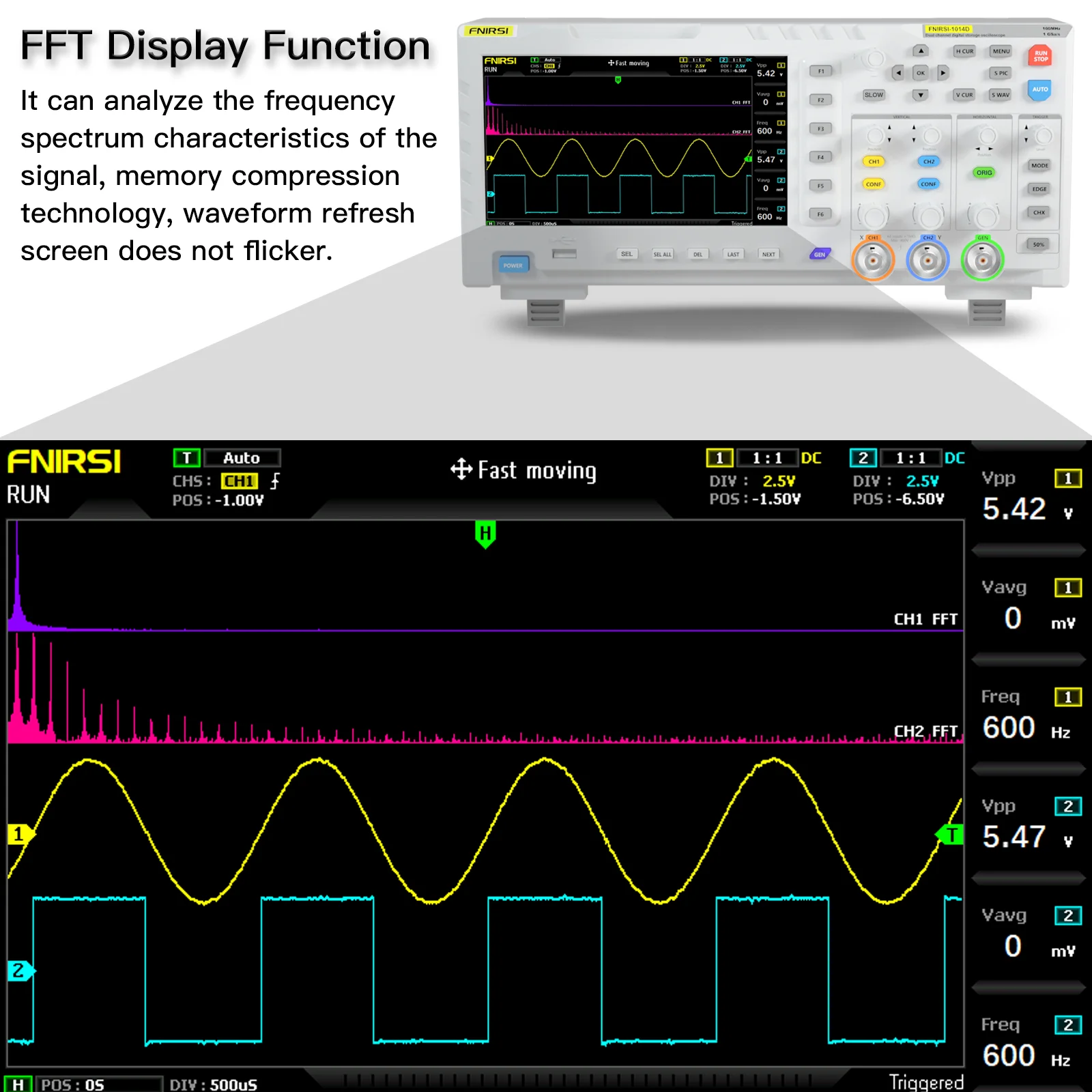 FNIRSI 1014D Digital Oscilloscope Dual Channel Touch Screen 100M Bandwidth 1GSa/s Sampling Rate Signal Generator TFT LCD