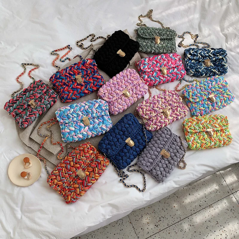 Fashion Cotton Woven Crossbody Bags for Women 2021 Crochet Hand-woven Messenger Bag   Chains Lock  Shoulder Bag Females