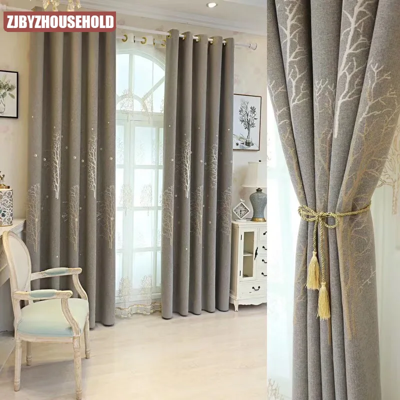 

Green Tree Jacquard Curtain for Living Room Bedroom High Shading Blackout Modern Cotton Linen Light Luxury Window Custom
