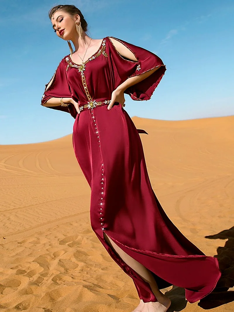 Rhinestone Evening Kaftan Women Off Shoulder Moroccan Party Caftan Satin Dress Hem Slit Muslim Arab Dubai Abaya Banquet Ramadan