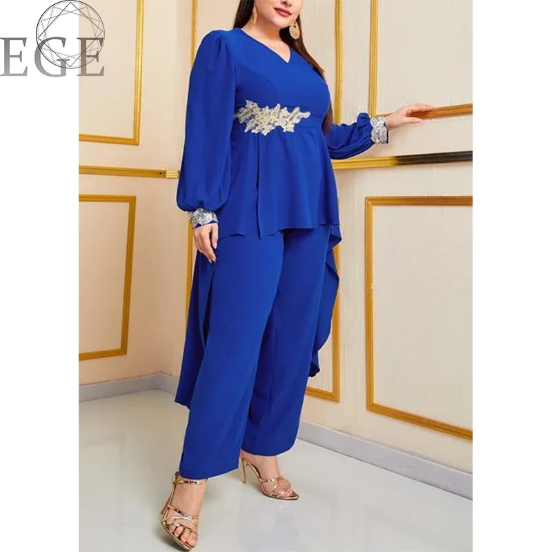 Plus Size Chiffon Commuter Style 2-Piece Set Round Neck Long Sleeve Royal Blue Top and Loose Chiffon Straight Leg Pants