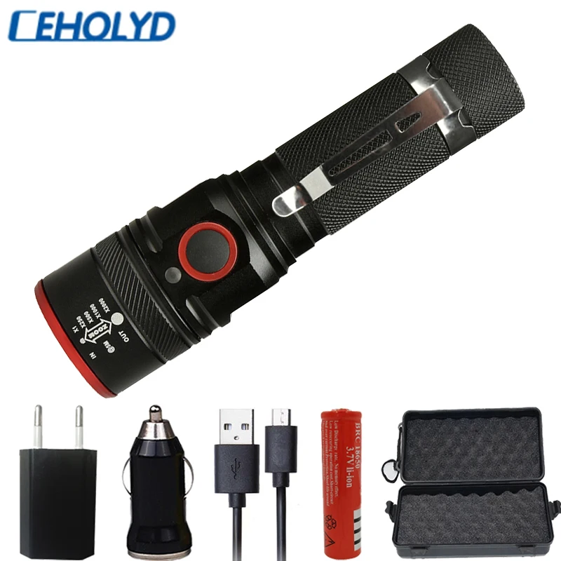 

Tatical LED Flashlight XML-T6 2000LM Torch Portable light Micro USB port Torch 4 Mode Zoomable for Camping Pen clip Lantern Lamp
