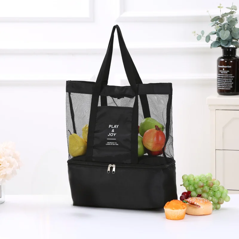 

2 In 1 High Capacity Mesh Transparent Bag Double-layer Heat Preservation Large Picnic Beach Bags Tote Office Lunch Snacks Bag