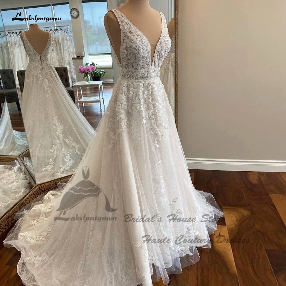 

Lakshmigown Chic Bridal Boho Lace Wedding Gown 2022 V neck Sexy Women A Line Tulle Wedding Dresses Lace Bidice Vestidos de Novia