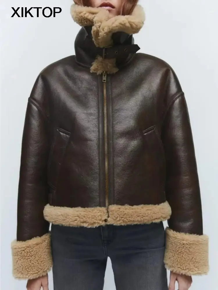 Xiktop Cashmere Locomotive Jacket Women Loose Long Sleeve Zipper Thick Coats Autumn Winter Vintage Warm Female Short Jacket Coat