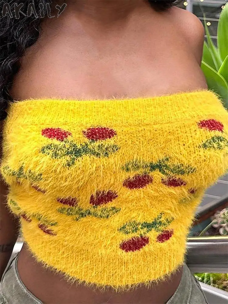 

Akaily Sexy Strapless Kintted Tank Top Party Club Outfits For Women 2023 Autumn Staff Sweater Padded Crop Top Print Blouse