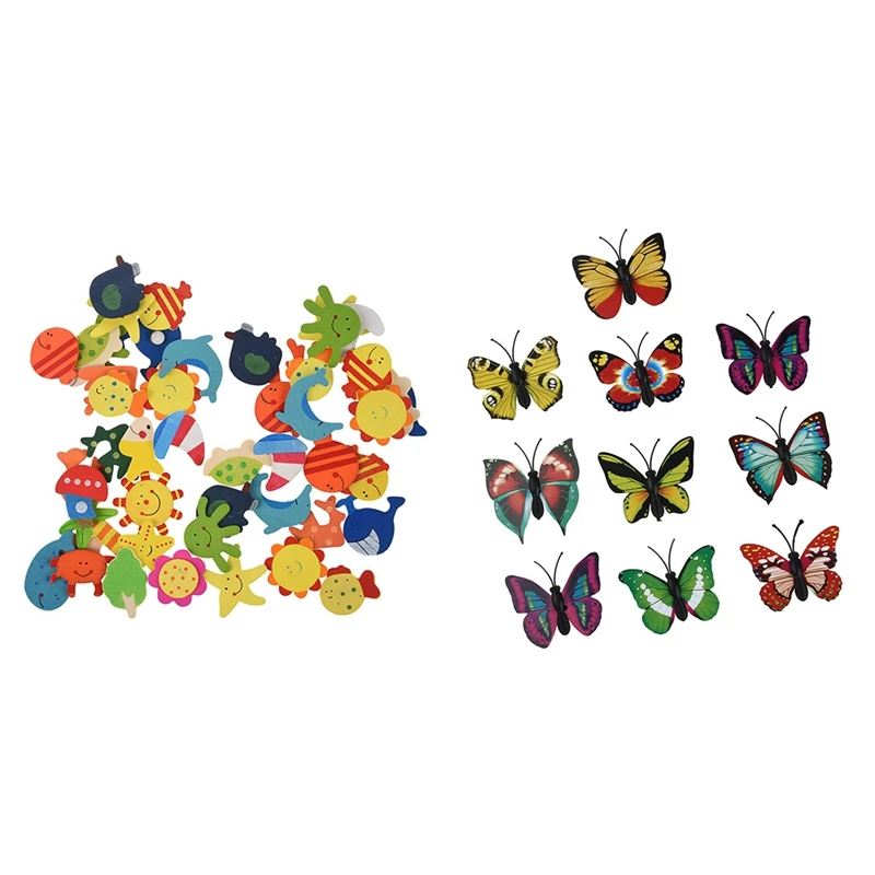 

48Pcs Coloured Wooden Magnets Drawing Anime With 10 Pcs 3D Magnetic Butterfly Fridge Home Room Wall Decor