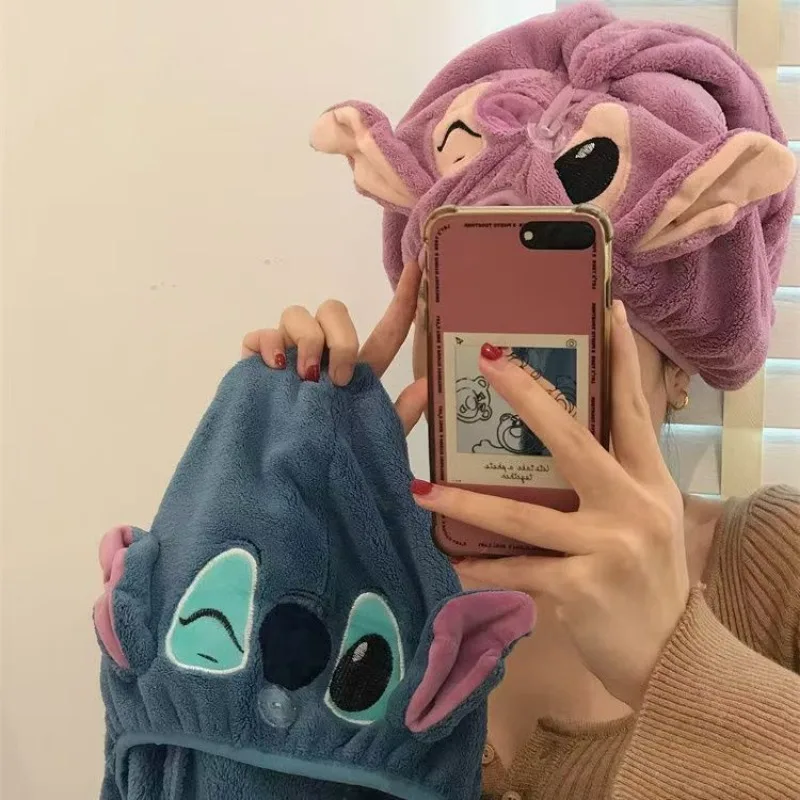 Фото Kawaii Stitch модное коралловое бархатное женское полотенце для сухих волос с милым рисунком Диснея шапочка для душа с сухой оберткой шапочка для душа инструмент подарки для девочек №2