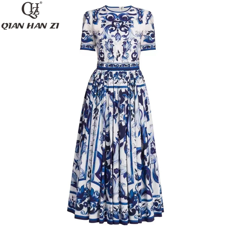 

Qian Han Zi Designer Fashion dress long for women summer vintage Blue and White Porcelain Print belt slim vacation dress