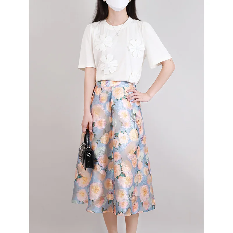 

Two Piece Set Women Summer 2022 Three-Dimensional Flowers Round Neck Short Sleeved T-Shirt + High Waist A-Line Print Skirt Suits
