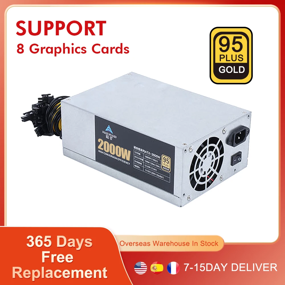 2000W 160V-220V Mining Power Supply Source PSU 4U Single Voltage Support 8 Graphics Cards BTC Bitcoin Ethereum ETH Miner