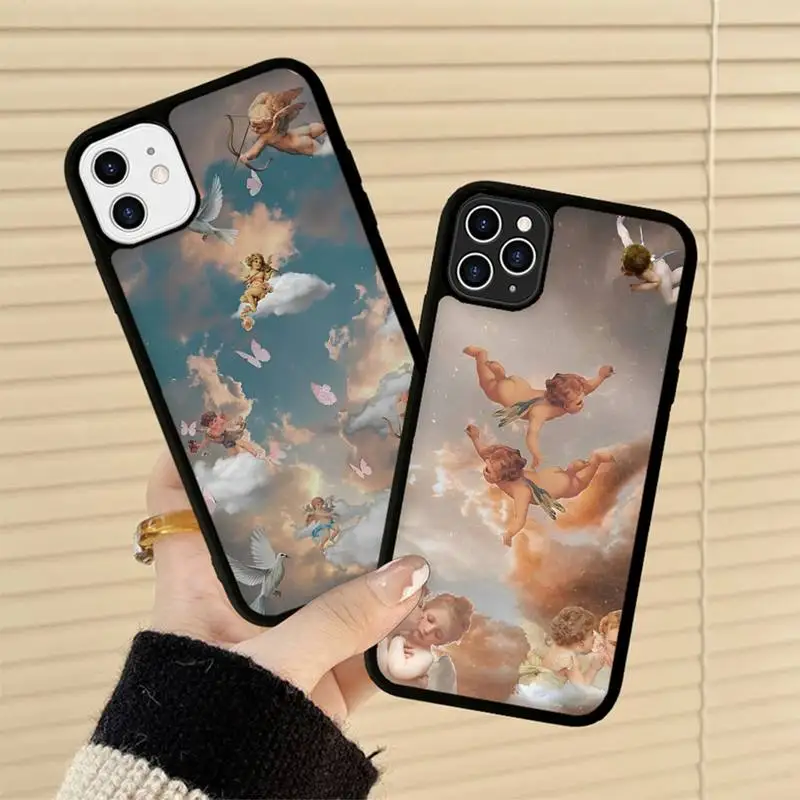 

Vintage Painting Paradise Angel Phone Case Silicone PC+TPU Case for iPhone 11 12 13 Pro Max 8 7 6 Plus X SE XR Hard Fundas