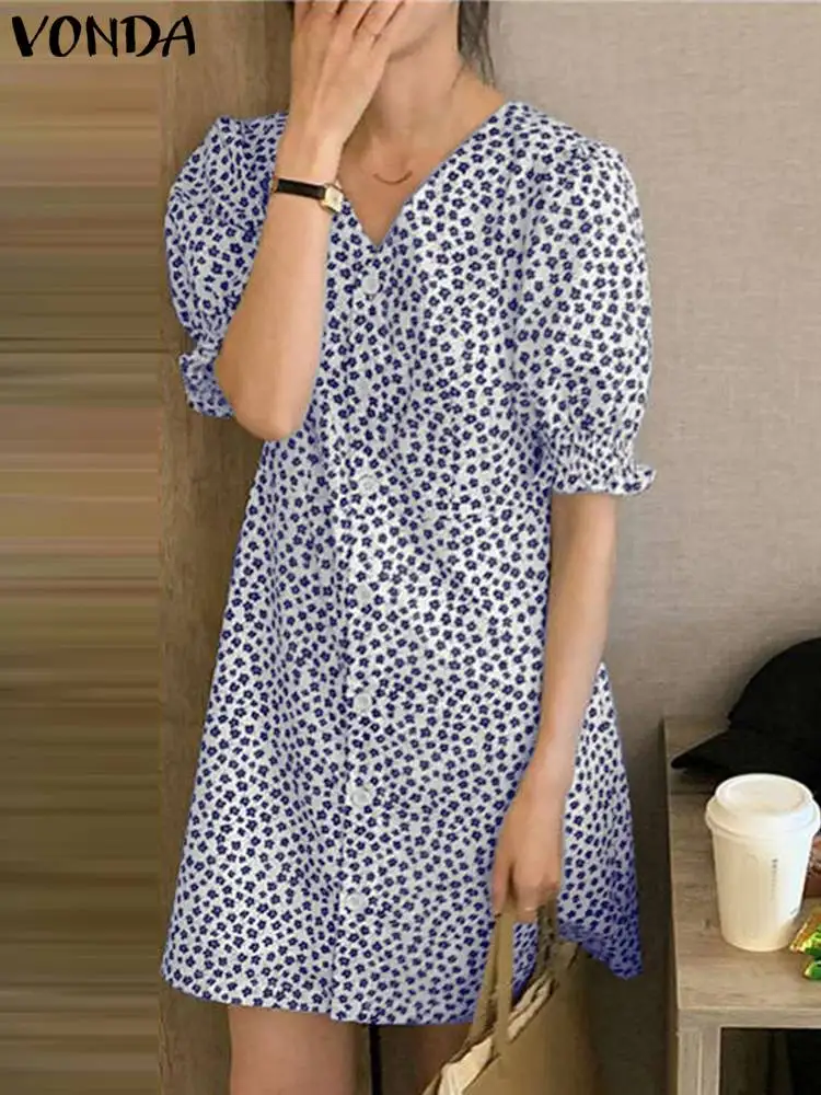 

VONDA 2023 Summer Women Sundress Bohemian Loose Short Puff Sleeve Dress Vintage Sexy V-Neck Casual Printed Beach Robe Femme