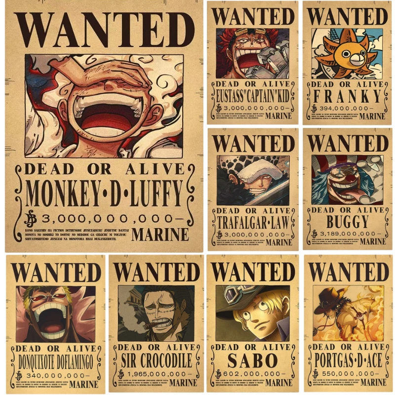 2023New Anime One Piece Nika Rufy Wanted Kids Bedroom Retro Poster Zoro Living Home Decoration Pirate Manga Wall Paper Stickers