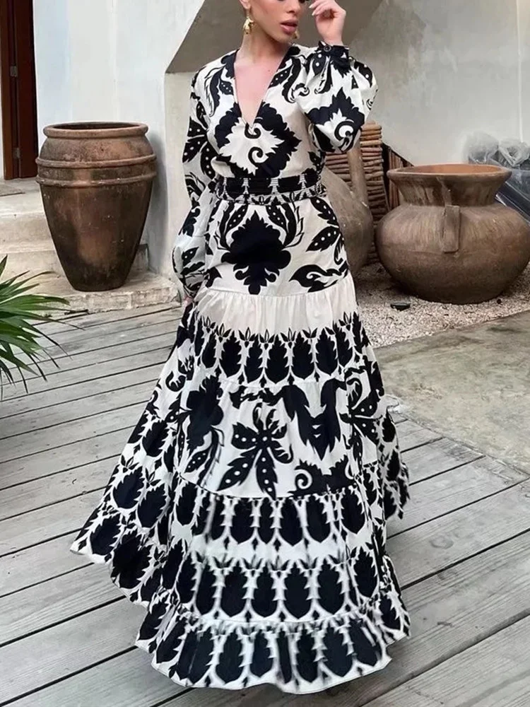 

Woman Vintage Black Print Long Shirt Dress 2022 Spring Female Elegant V Neck Sashes Long Dresses Ladies Chic Ruffles Dress