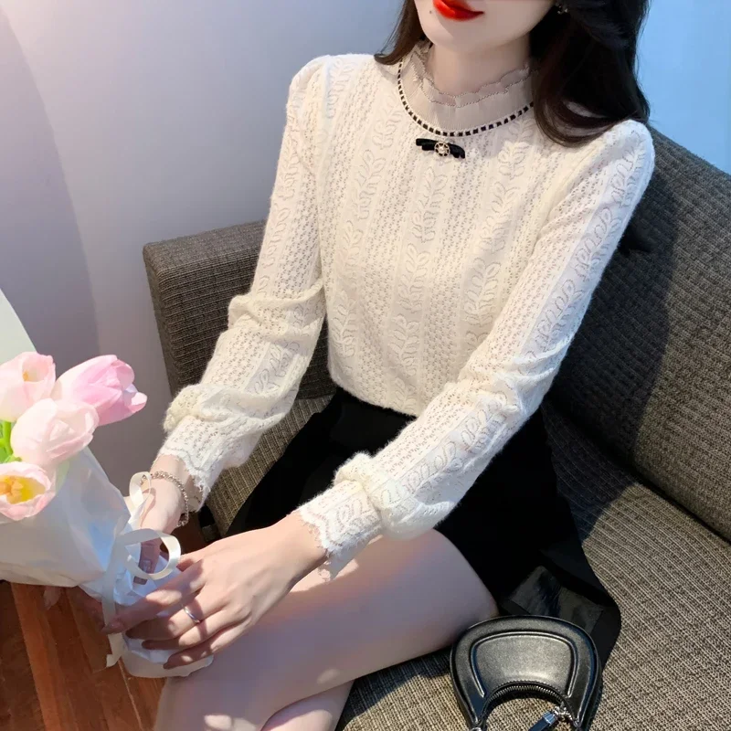 Новая женская блузка с длинным рукавом и рюшами кружевная бантом рубашка женские