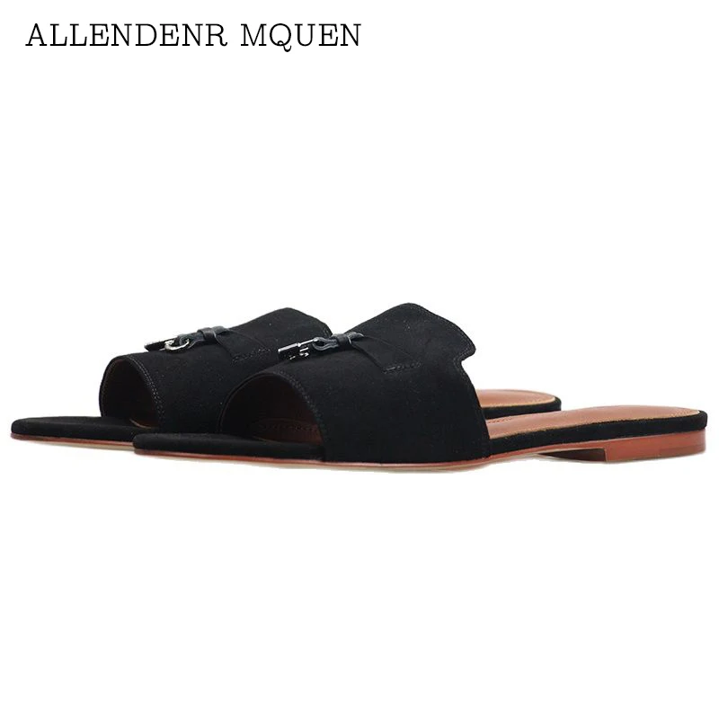 

Летние классические замшевые кожаные модные простые удобные женские тапочки на плоской подошве высокого качества