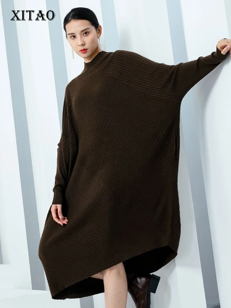 

XITAO/трикотажное асимметричное платье с воротником средней длины; Однотонный пуловер с рукавами «летучая мышь»; Свободный осенний Новый Повседневный пуловер до середины икры; LYD1293