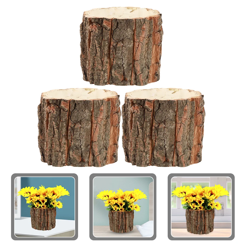 

3 Pcs Flower Bucket Container Rustic Home Decor Succulent Wood Planter Natural Flavor Flowerpot Vases Vintage for Planting Bark