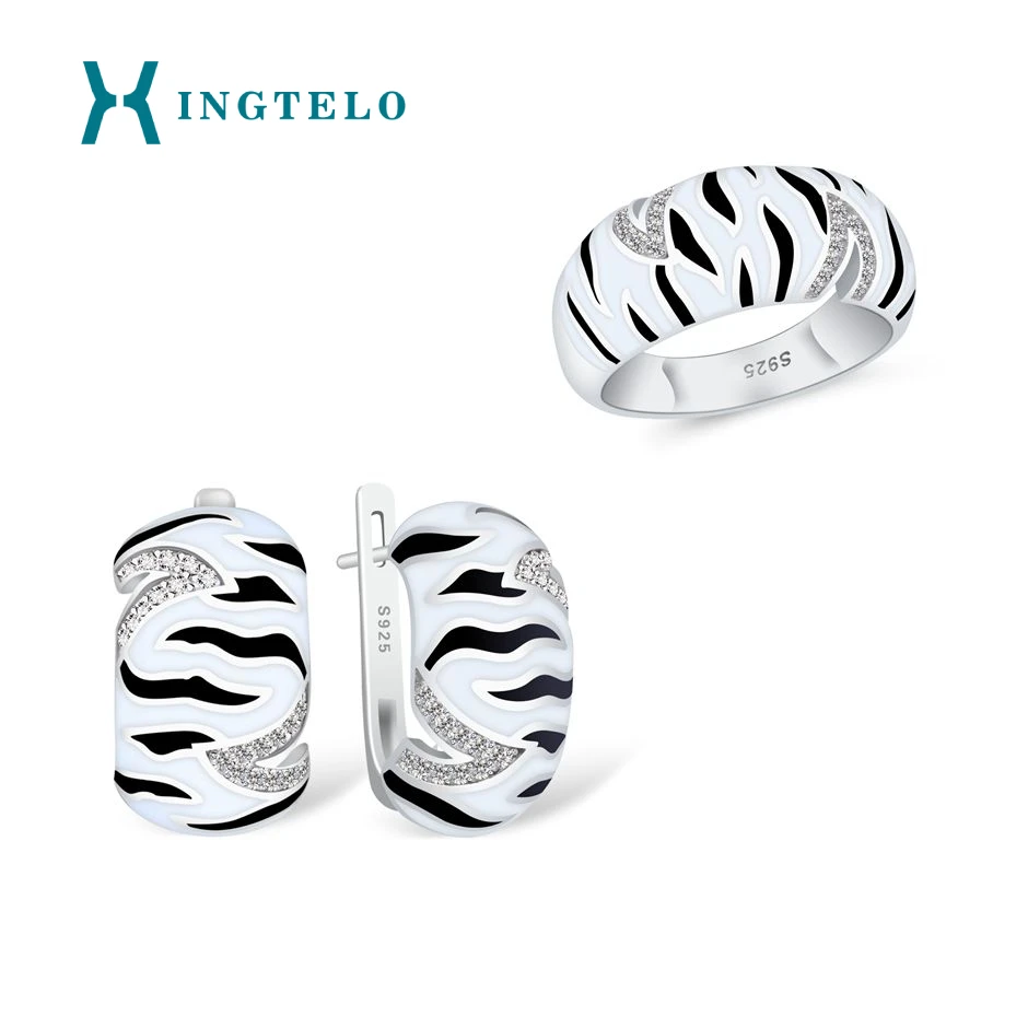 

XINGTELO Stud Earrings for Women 925 Sterling Silver Ring Black and White Enamel Inlaid White Cubic Zirconia Jewelry Set