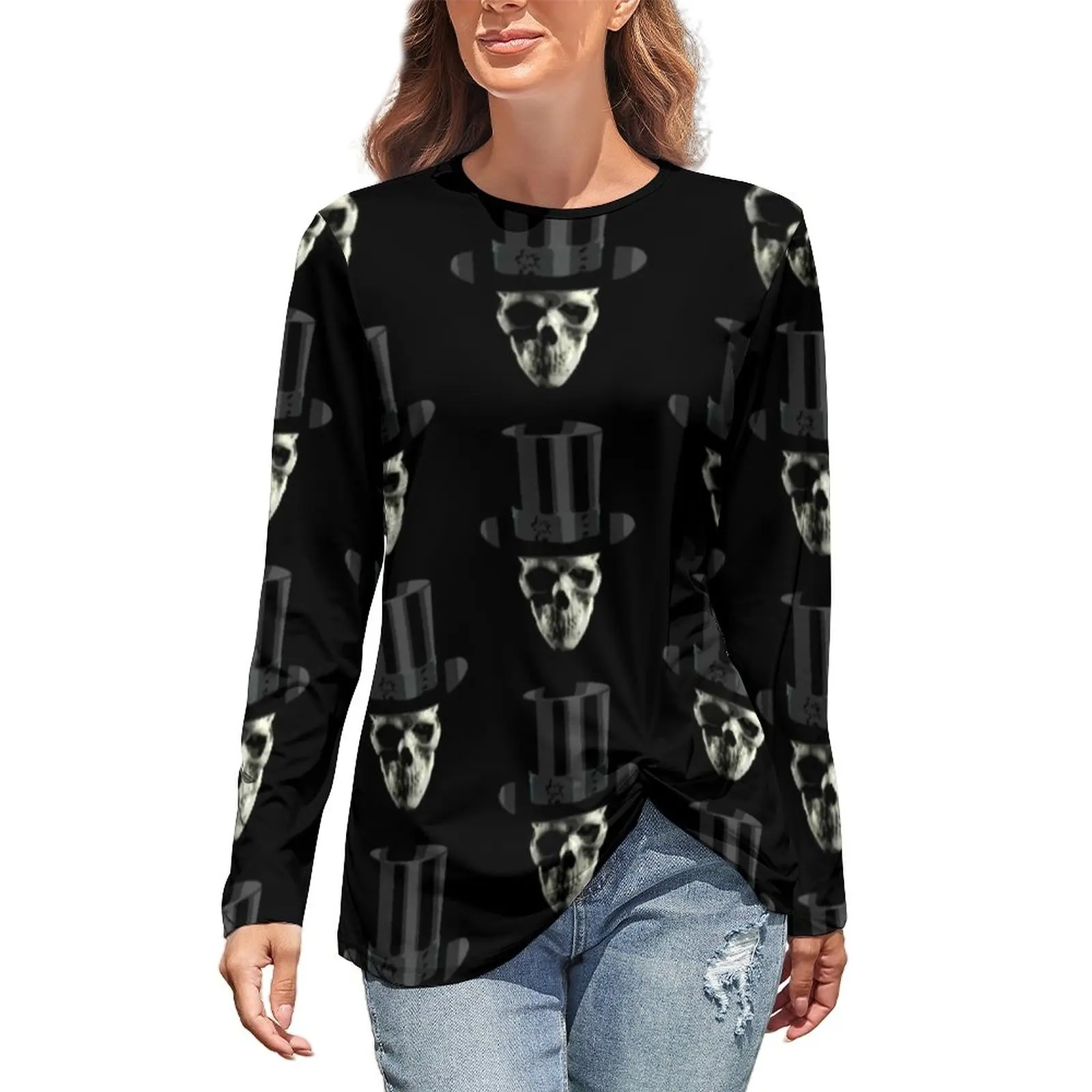 

Steampunk T Shirts Skull In Top Hat Korean Fashion Long Sleeve T Shirt Kawaii Print Tee Shirt Women Clothes Big Size 3XL 4XL