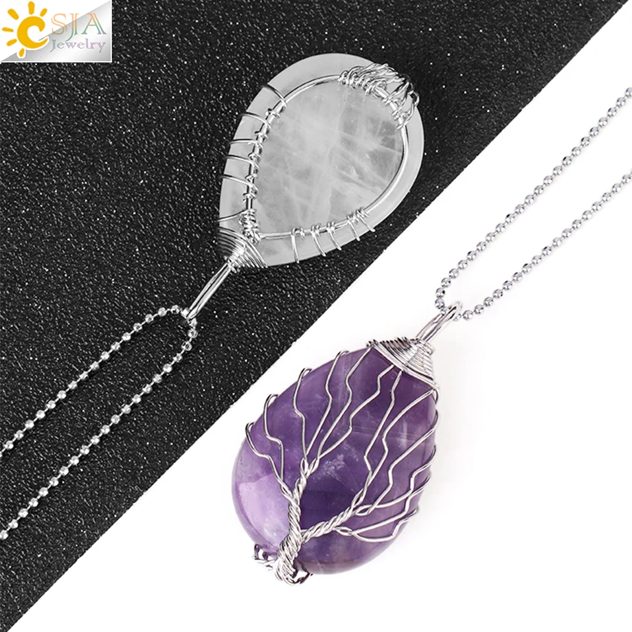 CSJA Дерево жизни кристаллы ожерелье подвеска в виде капли воды натуральный камень