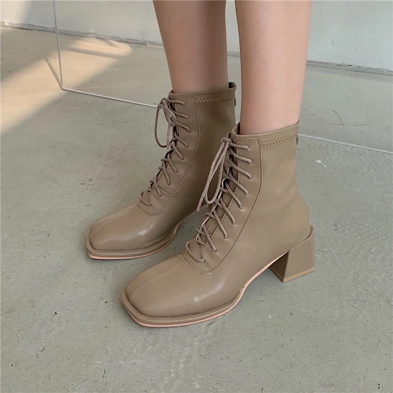 

Женские ботинки на высоком каблуке, белые ботильоны на толстом тонком каблуке, весна-осень, 2022