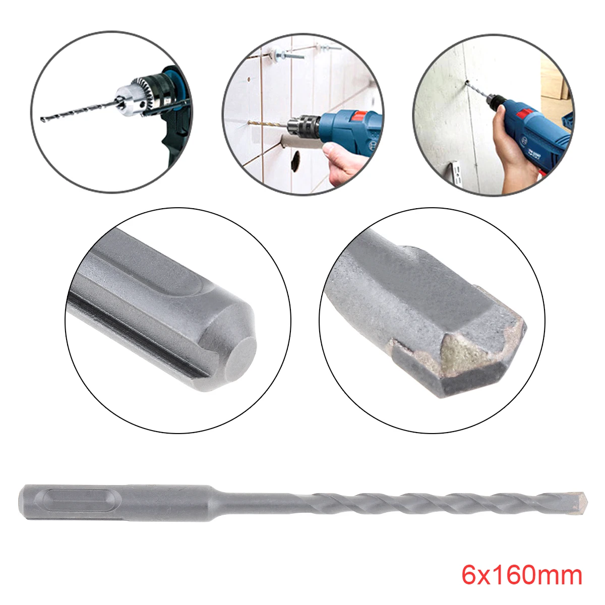 

6x160mm Round Shank Rotary Hammer Concrete Masonry Drill Bit Cutting Polishing Tools for Electric Drills Drilling Machines