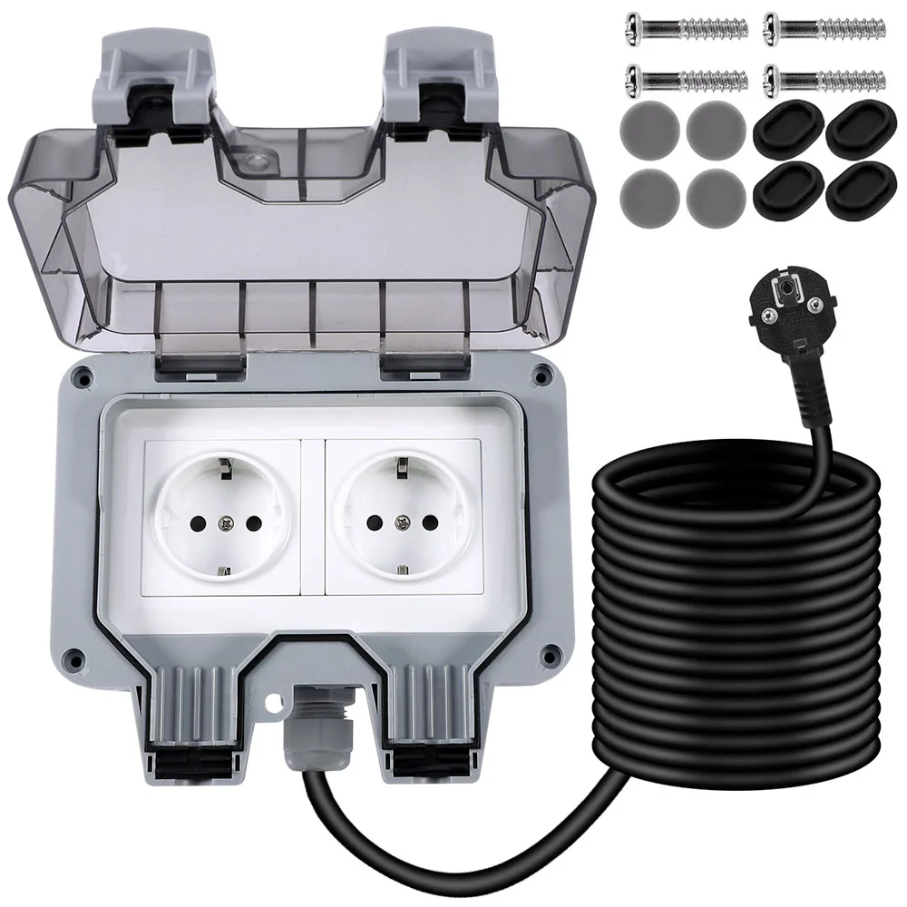 

10M Extension Cable EU Outdoor Weatherproof Sockets 2 Gang 16A Double Socket Wall Electrical Outlets IP66 Switched Socket Box
