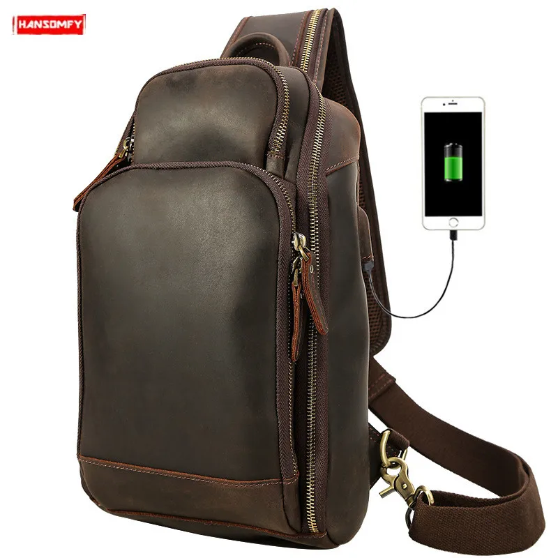 New Genuine Leather Men's Chest Bags Crossbody Bag Male Usb Charging Large Capacity Shoulder Messenger Bags First Layer Leather