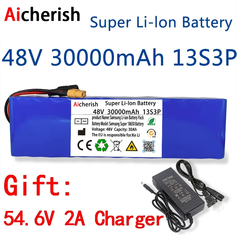 

New 48V 30000mAh 1000W 13S3P XT60 18650 Lithium Ion Battery Pack 30Ah for 54.6V E-bike Electric Bicycle Scooter With BMS Charger
