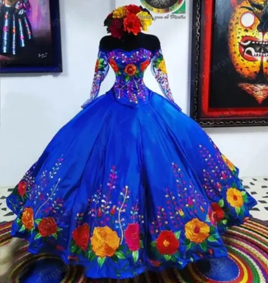 

Royal Blue Charro Quinceanera Dresses Ball Gown Long Sleeves Embroidery Puffy Mexican Sweet 16 Dresses 15 Anos